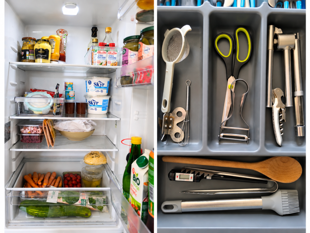 régrigirateur et tiroir de cusine rangé après les explcations de l'organisation de cuisine